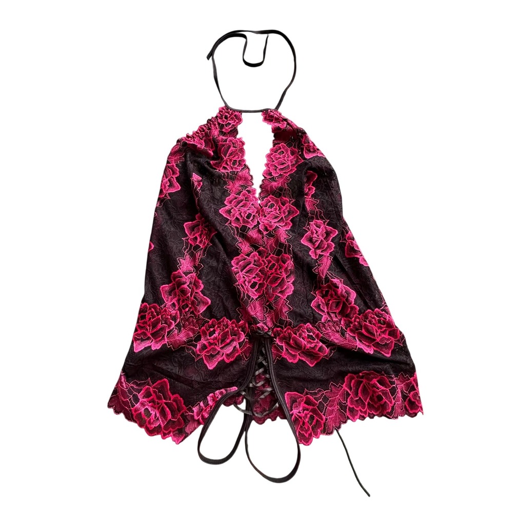 Coquette Black Hot Pink Floral Lace Halter Lingerie crotchless OS/XL Lace Up